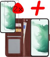 Samsung Galaxy S22 Hoesje Bookcase Met 2x Screenprotector - Samsung Galaxy S22 Case Hoes Cover - Samsung Galaxy S22 2x Screenprotector - Bruin