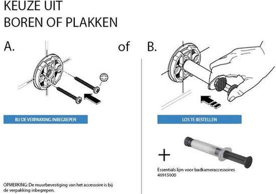 Technische tekening van toiletrolhouder, toiletborstelhouder en haak met afmetingen.