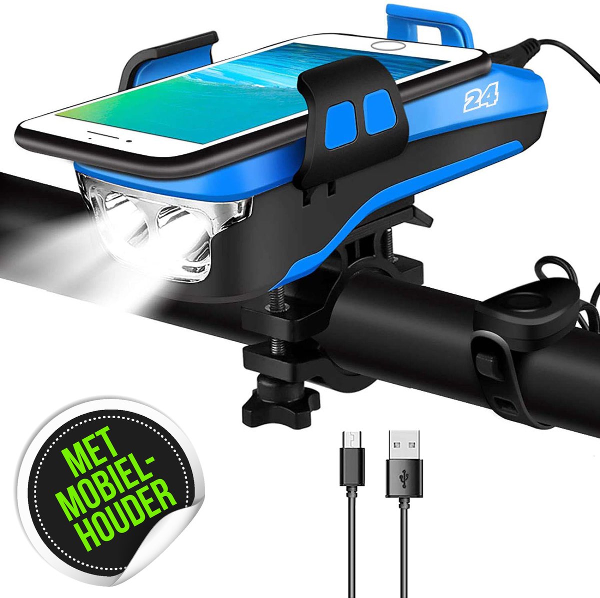 Activ24™ - Fietslamp set 4 in 1 blauw - Telefoonhouder fiets - USB oplaadbaar - Powerbank - Oplaadbare fietsverlichting - Geen verzendkosten