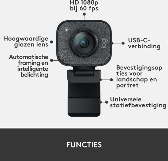 Diagramme des fonctions de la webcam Logitech StreamCam : HD 1080p, lentille en verre, autofocus, USB-C et options de montage.