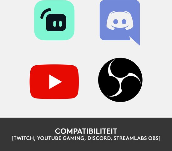 Icônes de compatibilité pour le streaming : Twitch, YouTube Gaming, Discord, Streamlabs OBS.