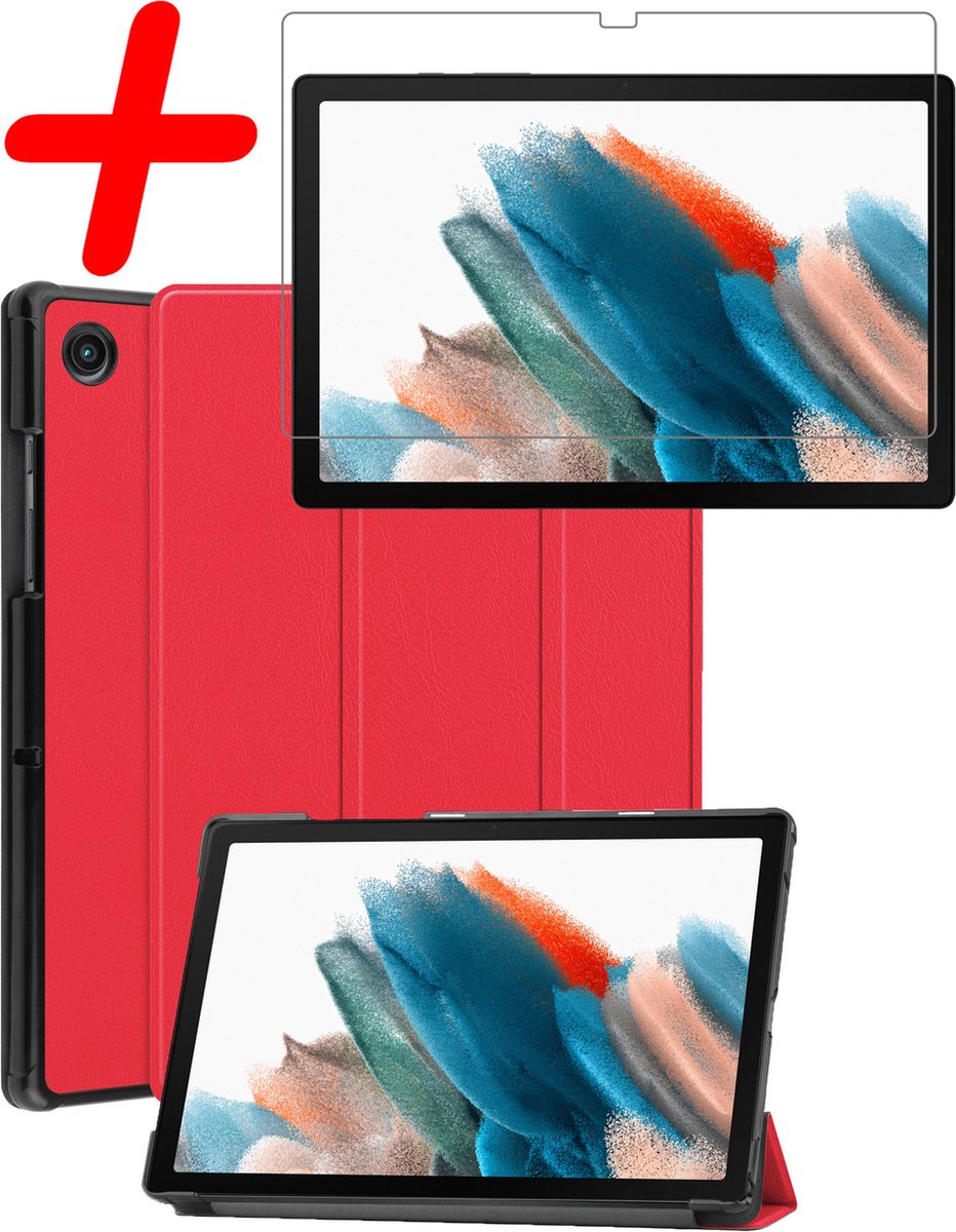 Hoesje Geschikt voor Samsung Galaxy Tab A8 Hoes Case Tablet Hoesje Tri-fold Met Screenprotector - Hoes Geschikt voor Samsung Tab A8 Hoesje Hard Cover Bookcase Hoes - Rood