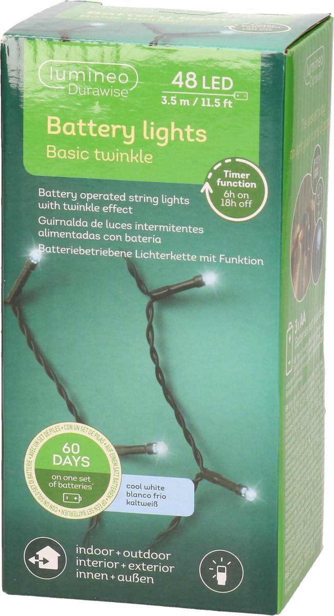Lumineo Kerstverlichting twinkle op batterij helder wit buiten 48 lampjes - boomverlichting - batterijen lichtsnoeren - kerstlampjes/kerstlichtjes