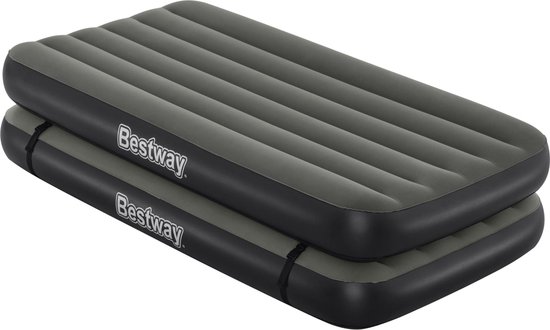 Twee donkergrijze Bestway luchtbedden op elkaar gestapeld met het Bestway logo op de zijkant.