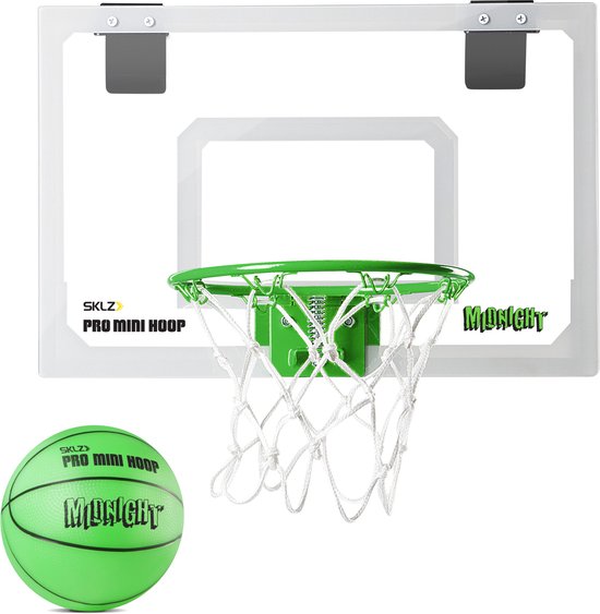 SKLZ Pro Mini Hoop Midnight - Basketbalbord - Basket - Basketbal - Basketbaltraining - Indoor Mini Basket - Glow-in-the-Dark - Inclusief 13 cm Pro Mini Hoop Basketbal - Schuim-Gewatteerde, Slide-On Deur Bevestiging