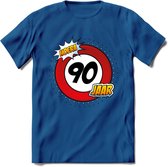 90 Jaar Hoera Verkeersbord T-Shirt | Grappig Verjaardag Cadeau | Dames - Heren | - Donker Blauw - XXL