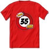 35 Jaar Hoera Verkeersbord T-Shirt | Grappig Verjaardag Cadeau | Dames - Heren | - Rood - XL