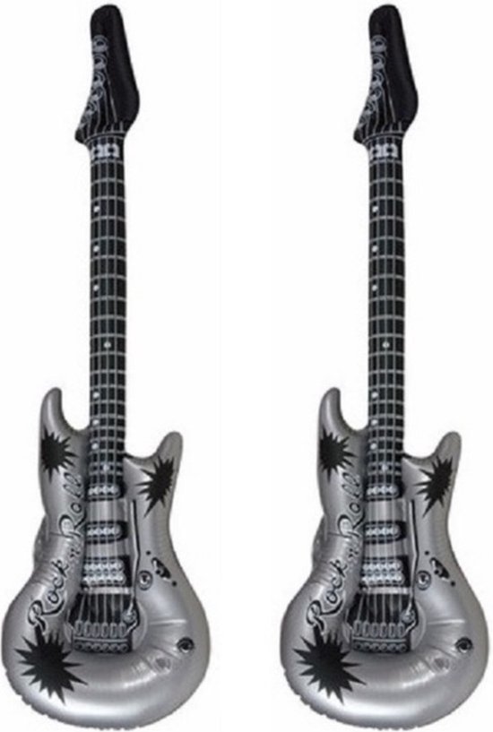 Set van 2x stuks opblaasbare speelgoed/feestartikel gitaar zilver 106 cm - muziekinstrumenten