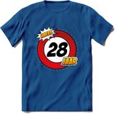 28 Jaar Hoera Verkeersbord T-Shirt | Grappig Verjaardag Cadeau | Dames - Heren | - Donker Blauw - S