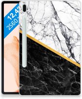 Hoes Samsung Galaxy Tab S7FE Cover Case Marble White Black met transparant zijkanten