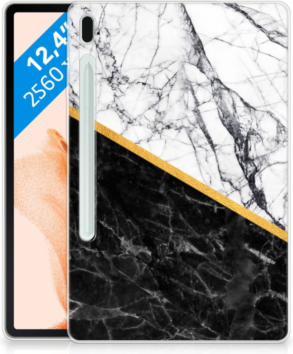 Samsung Galaxy Tab S7FE Tablet Back Cover Marmer Wit Zwart - Origineel Cadeau Man