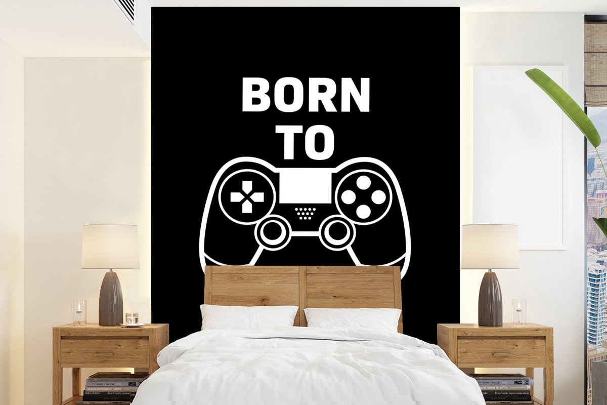 Behang - Fotobehang Gamen - Quotes - Controller - Born to game - Zwart - Wit - Breedte 195 cm x hoogte 260 cm