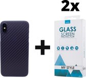 Backcase Carbon Hoesje iPhone XS Blauw - 2x Gratis Screen Protector - Telefoonhoesje - Smartphonehoesje - Zonder Screen Protector