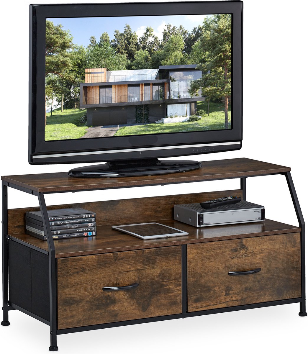 Relaxdays TV meubel industrieel sideboard lowboard tv kast 2 lades bruin zwart
