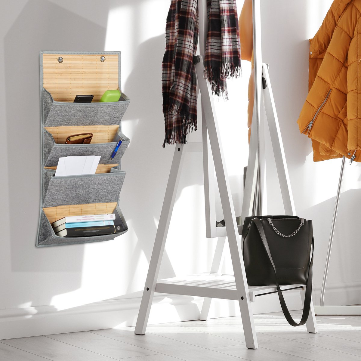 Relaxdays 4-Compartment Bamboo Fabric Hanging Storage Organiser for Office, Hallway, HBD 75 x 34 x 12 cm, Grey