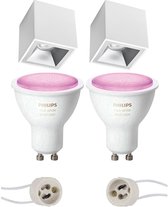 Luxino Cliron Pro - Opbouw Vierkant - Mat Wit/Zilver - Verdiept - 90mm - Philips Hue - Opbouwspot Set GU10 - White and Color Ambiance - Bluetooth