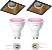 Pragmi Zano Pro - Inbouw Vierkant - Mat Zwart/Goud - Kantelbaar - 93mm - Philips Hue - LED Spot Set GU10 - White and Color Ambiance - Bluetooth - BSE