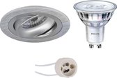 LED Spot Set - Pragmi Alpin Pro - GU10 Fitting - Inbouw Rond - Mat Zilver - Kantelbaar Ø92mm - Philips - SceneSwitch 827 36D - 1.5W-5W - Warm Wit 2200K-2700K - Dimbaar - BES LED