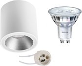 Opbouwspot Set - Pragmi Cliron Pro - GU10 Fitting - Opbouw Rond - Mat Wit/Zilver - Verdiept - Ø90mm - Philips - SceneSwitch 827 36D - 1.5W-5W - Warm Wit 2200K-2700K - Dimbaar - BSE
