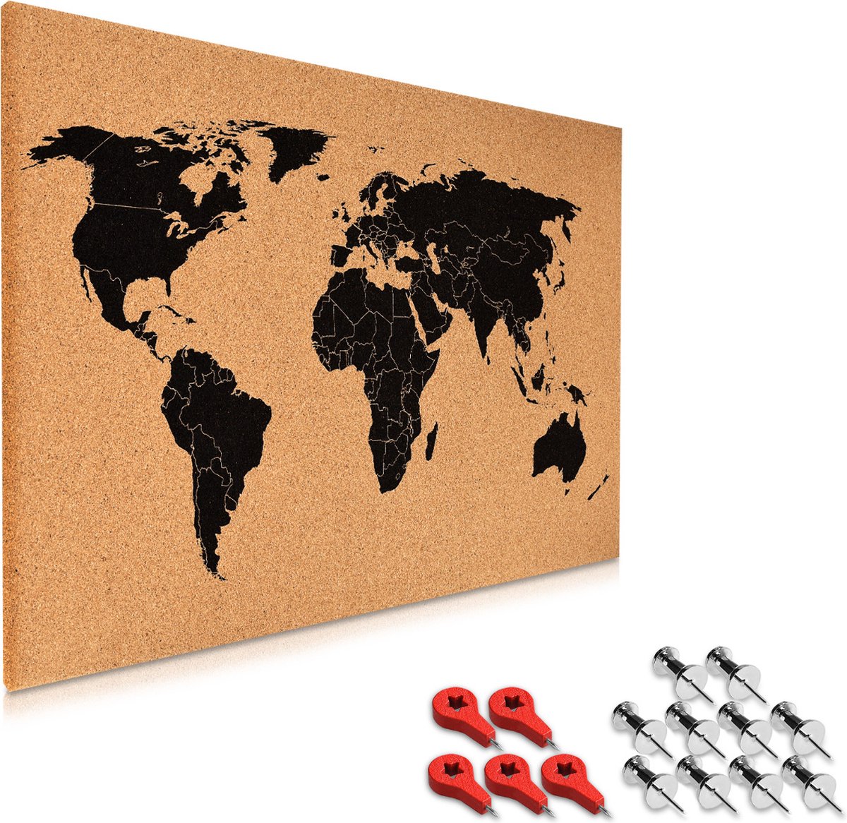 Navaris prikbord van kurk - Wandbord met punaises - 60 x 40 cm - Als wandecoratie voor op kantoor of studeerkamer - Met montageset - Wereldkaart - Navaris