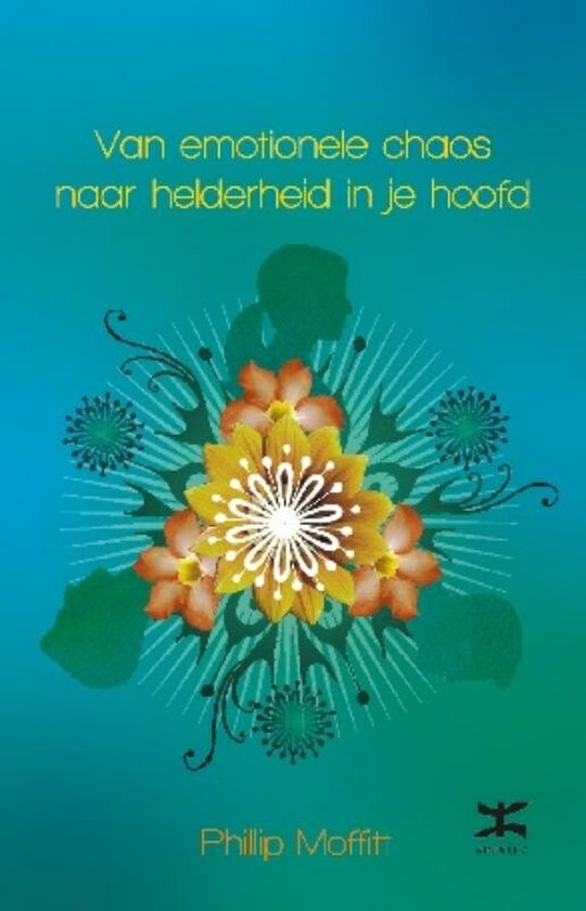 Boekomslag 'Van emotionele chaos naar helderheid in je hoofd' met gele en oranje bloemen, zonne-elementen en silhouet van een hoofd.