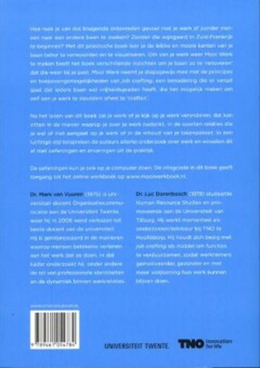 Achterkant boek 'Mooi Werk' met ISBN, auteursinformatie en TNO logo.