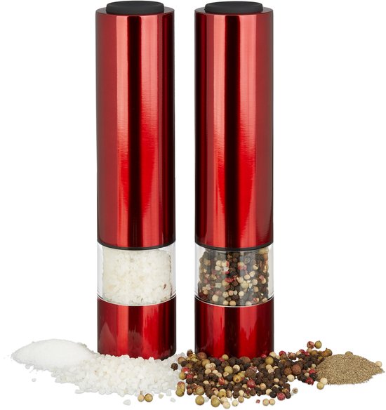 Twee rode elektrische pepermolens met transparant middelste deel. Links zout, rechts peperkorrels.