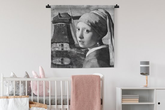 Wandkleed - Wanddoek - Het meisje met de parel - Johannes Vermeer - Zwart - Wit - 90x90 cm - Wandtapijt