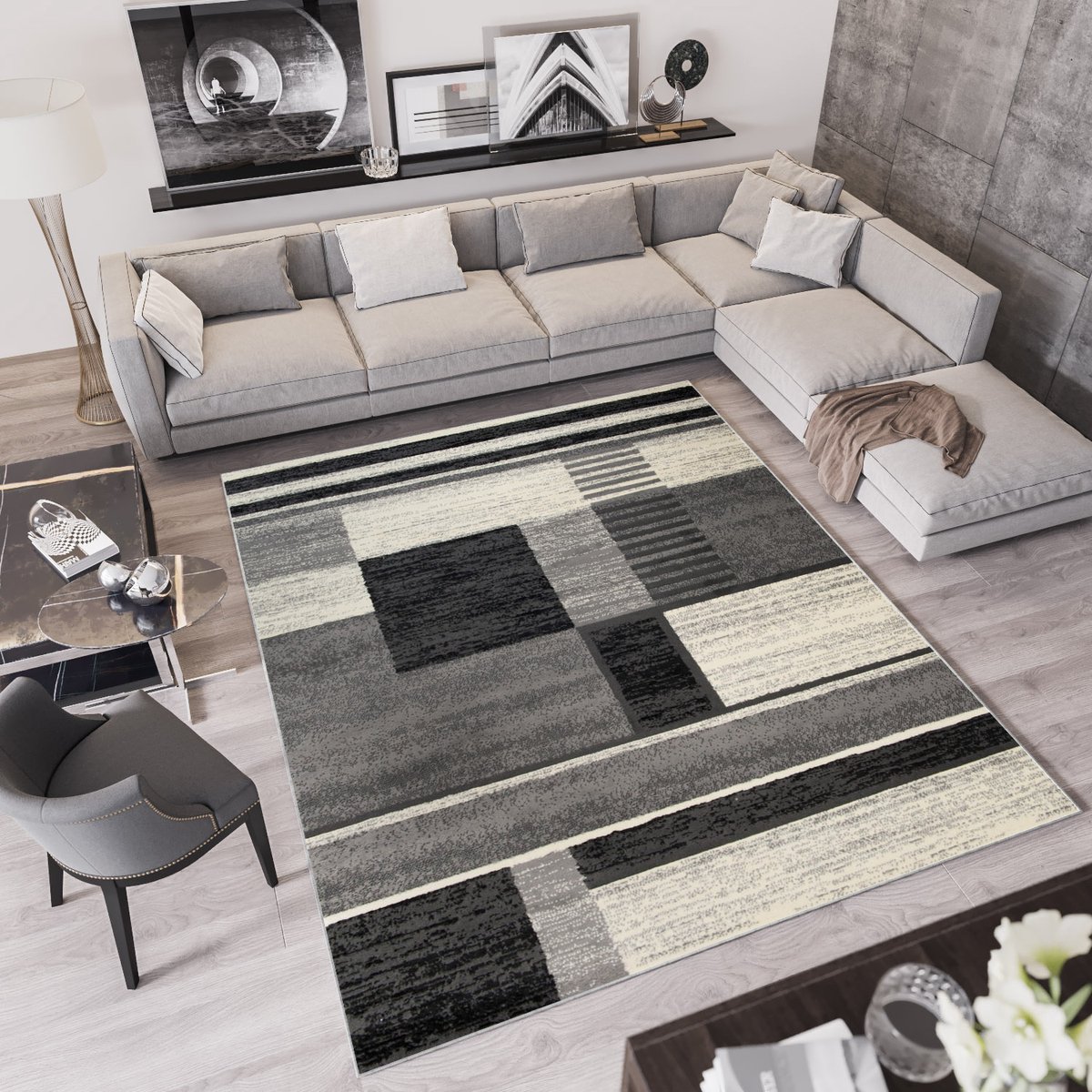 Tapiso Qmega Vloerkleed Grijs Geometrisch Modern Woonkamer Tapijt Maat- 120x170 Grijs1