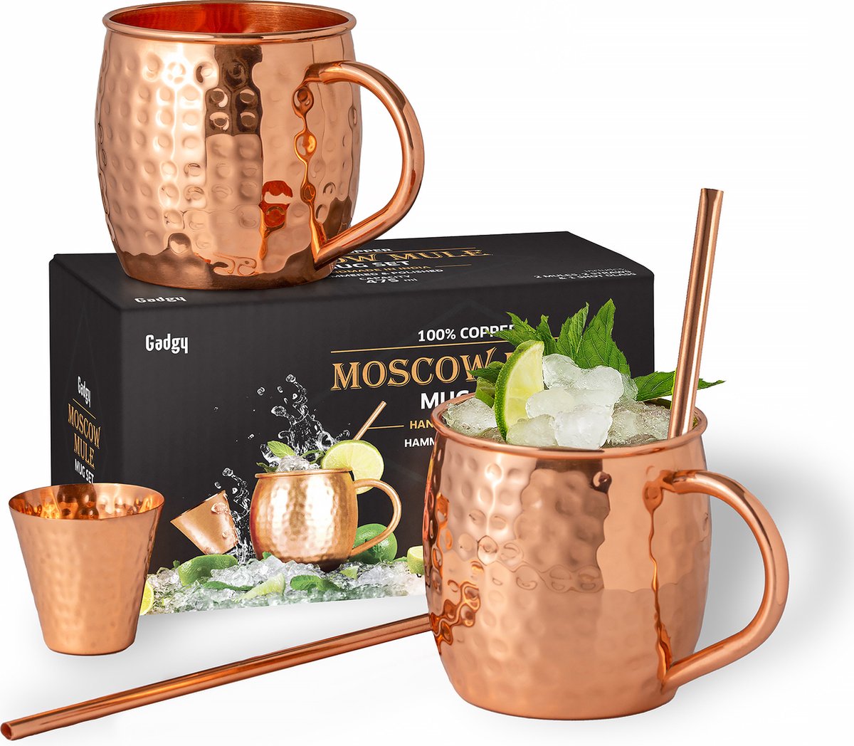 Gadgy Moscow Mule Bekers Set - 100% Koper - Cocktailset : 2 Cocktailglazen,  2 Rietjes... | bol.com