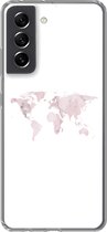 Samsung Galaxy S21 FE hoesje - Wereldkaart - Marmer print - Roze - Siliconen Telefoonhoesje -