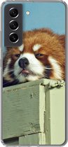 Geschikt voor Samsung Galaxy S21 FE hoesje - Panda - Hout - Rood - Siliconen Telefoonhoesje