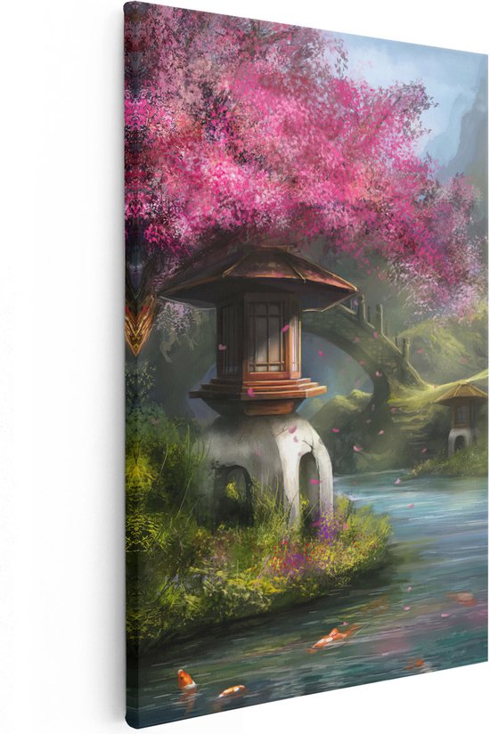 Artaza Canvas Schilderij Getekende Rivier met Bloesems in China - 40x60 - Poster Foto op Canvas - Canvas Print