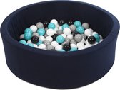 Ballenbad rond - navy - 90x30 cm - met 150 zwart, wit, grijs, turquoise ballen