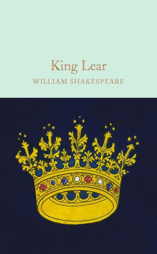 King Lear William Shakespeare, gouden kroon met rode en blauwe edelstenen op donkerblauwe achtergrond.