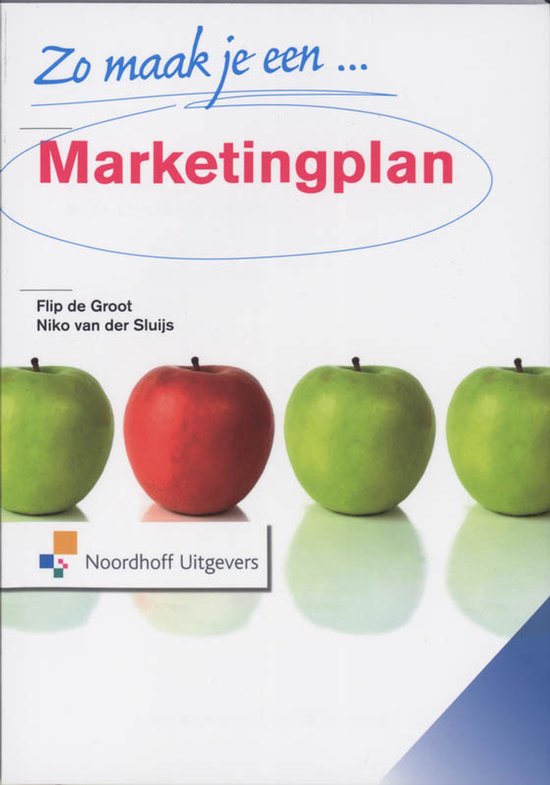 Boekomslag 'Zo maak je een Marketingplan' met vier appels: één rode en drie groene.