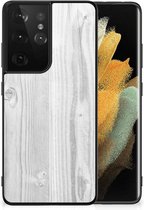 Backcover Soft Siliconen Hoesje Geschikt voor Samsung Galaxy S21 Ultra Telefoonhoesje met Zwarte rand Wit Hout