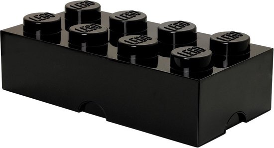 Boîte de rangement LEGO noire en forme de brique 8 tenons, avec couvercle.