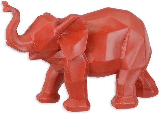 Resin beeld - Polygoon figuur olifant - Rood sculptuur - 18,2 cm hoog