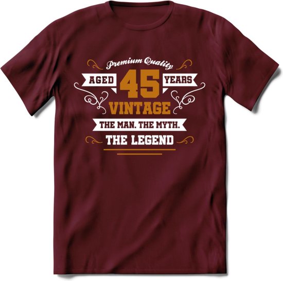45 Jaar Legend T-Shirt | Goud - Wit | Grappig Verjaardag en Feest Cadeau Shirt | Dames - Heren - Unisex | Tshirt Kleding Kado | - Burgundy - XL