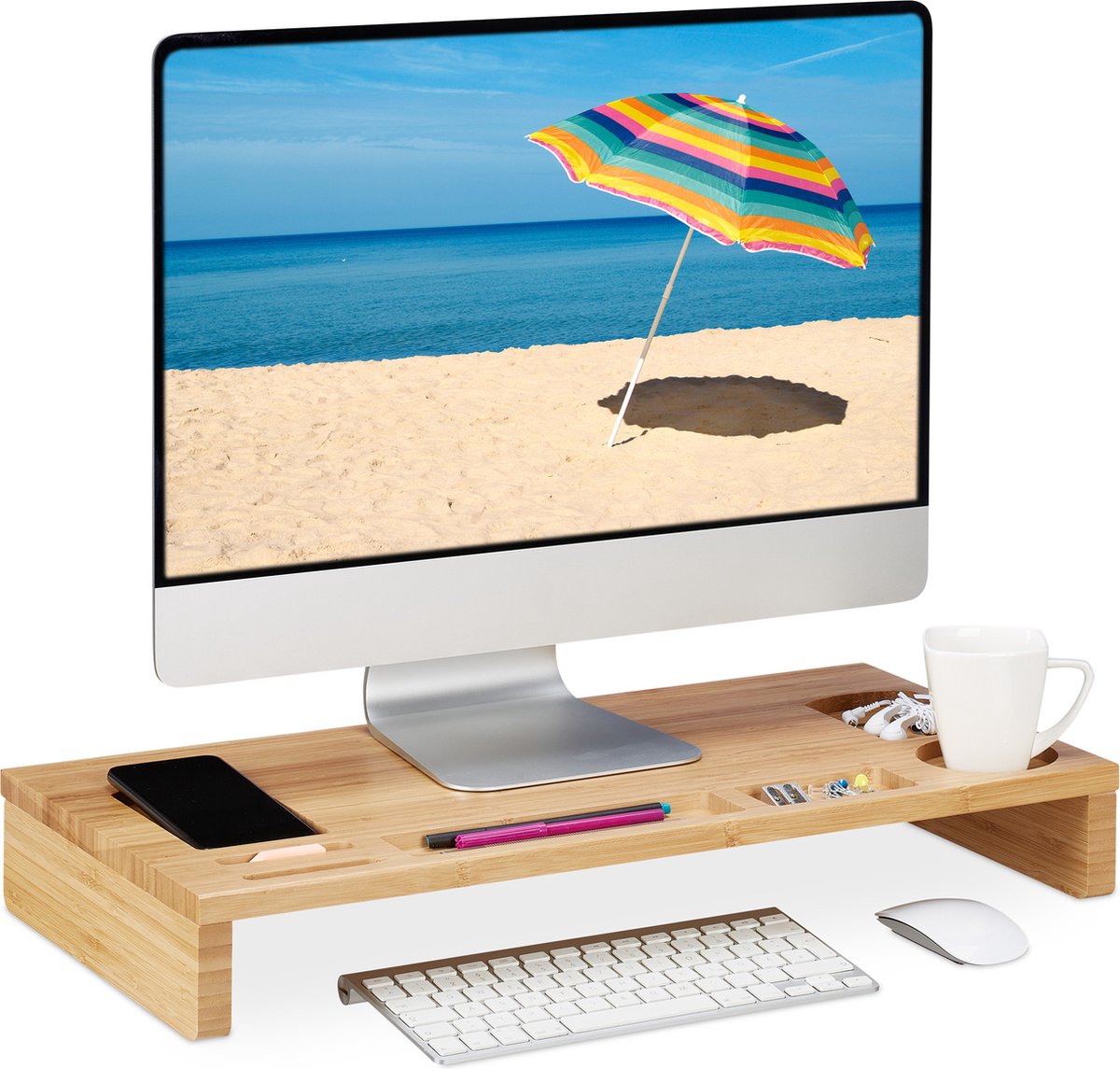 Relaxdays monitorstandaard bamboe - monitorverhoger - beeldschermverhoger voor bureau