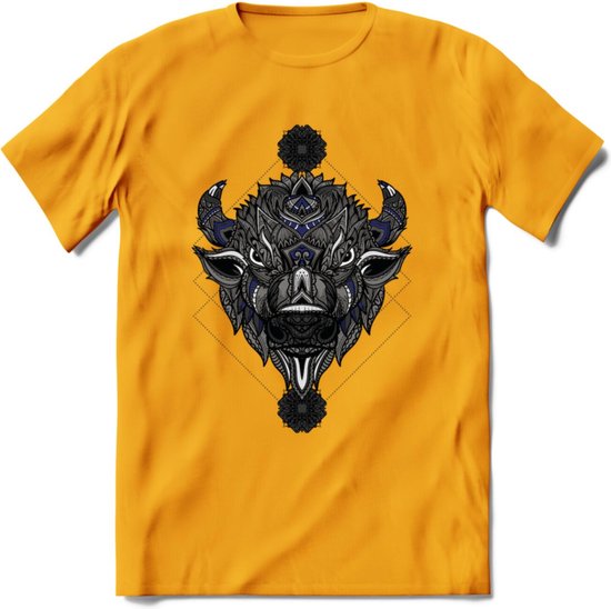 Bizon - Dieren Mandala T-Shirt | Donkerblauw | Grappig Verjaardag Zentangle Dierenkop Cadeau Shirt | Dames - Heren - Unisex | Wildlife Tshirt Kleding Kado | - Geel - XXL