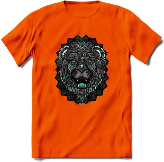 Leeuw - Dieren Mandala T-Shirt | Aqua | Grappig Verjaardag Zentangle Dierenkop Cadeau Shirt | Dames - Heren - Unisex | Wildlife Tshirt Kleding Kado | - Oranje - 3XL