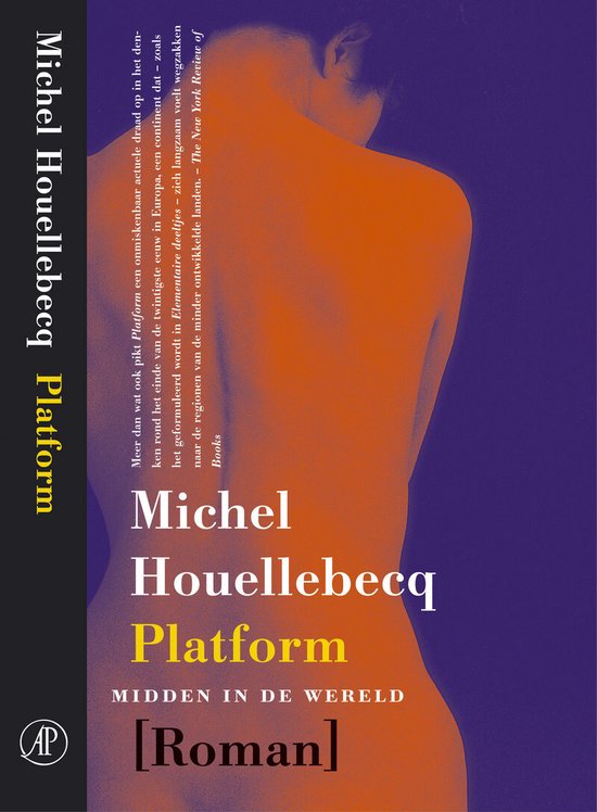 Boekcover met de titel 'Platform' van Michel Houellebecq. Op de cover een naakte rug van oranje kleur.