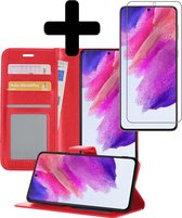 Hoesje Geschikt voor Samsung S21 FE Hoesje Book Case Hoes Wallet Cover Met Screenprotector - Hoes Geschikt voor Samsung Galaxy S21 FE Hoesje Bookcase Hoes - Rood