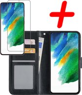 Hoes Geschikt voor Samsung S21 FE Hoesje Bookcase Hoes Flip Case Book Cover Met Screenprotector - Hoesje Geschikt voor Samsung Galaxy S21 FE Hoes Book Case Hoesje - Zwart
