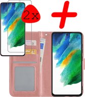 Hoes Geschikt voor Samsung S21 FE Hoesje Bookcase Hoes Flip Case Book Cover Met 2x Screenprotector - Hoesje Geschikt voor Samsung Galaxy S21 FE Hoes Book Case Hoesje - Rosé goud