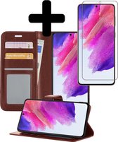 Samsung S21 FE Hoesje Book Case Met Screenprotector - Samsung Galaxy S21 FE Case Hoesje Wallet Cover Met Screenprotector - Bruin