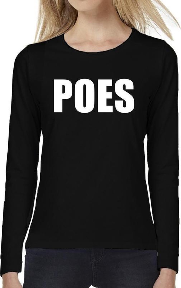 Afbeelding van product Bellatio Decorations  POES tekst t-shirt long sleeve zwart voor dames - POES shirt met lange mouwen XL  - maat XL