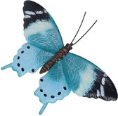 Tuin/schutting decoratie lichtblauw/zwarte vlinder 35 cm - Tuin/schutting/schuur versiering/docoratie - Metalen vlinders